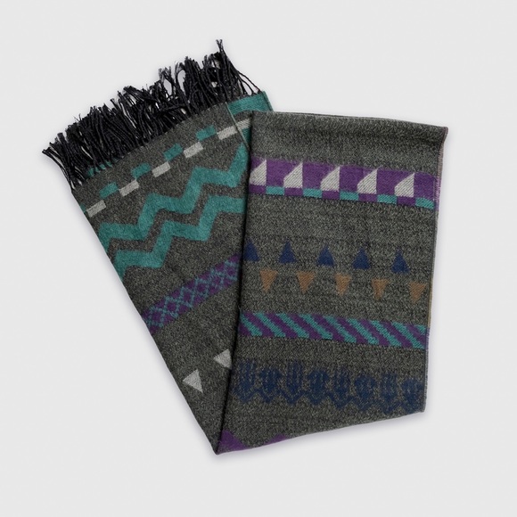 Aztec Pattern Unisex Wide Scarf in Grey Green Purple Tan with Fringe - Picture 1 of 5
